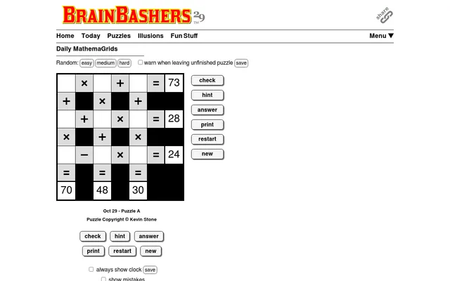 BrainBashers MathemaGrids for 29 October, Puzzle A, on a desktop: an empty 3x3 grid of plus, minus and times signs with row totals 73, 28 and 24 and column totals 70, 48 and 30