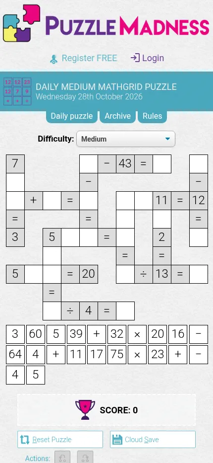Today's Medium MathGrid on PuzzleMadness for 28 October 2026 at phone size: a grid of crossing equations with blank cells above the rows of number and sign tiles to place