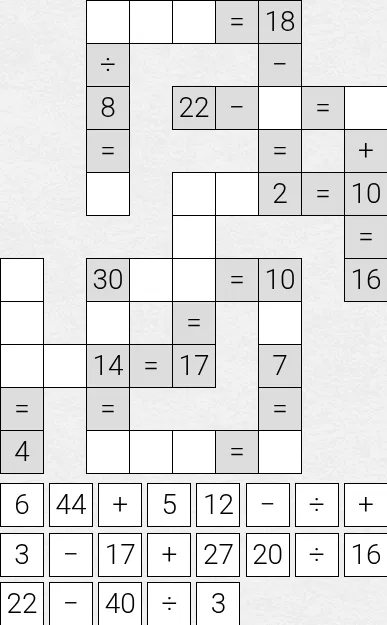 Today's Medium MathGrid on PuzzleMadness for 3 October 2026: a crossword-shaped grid of partly filled equations above rows of number and operator tiles