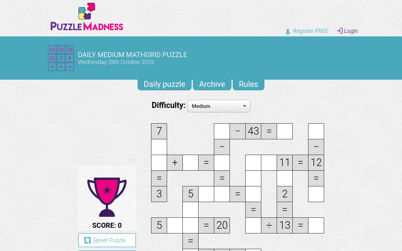 The Medium MathGrid for 28 October 2026 on a desktop, with the difficulty menu above the grid and the score panel beside it