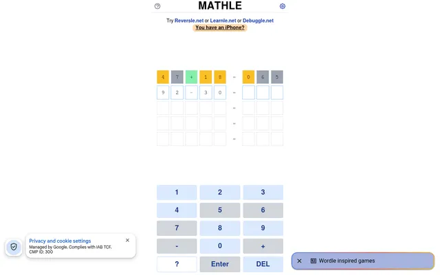 Today's Mathle board on a desktop: a first guess 47 + 18 = 065 coloured yellow, grey and green above the keypad