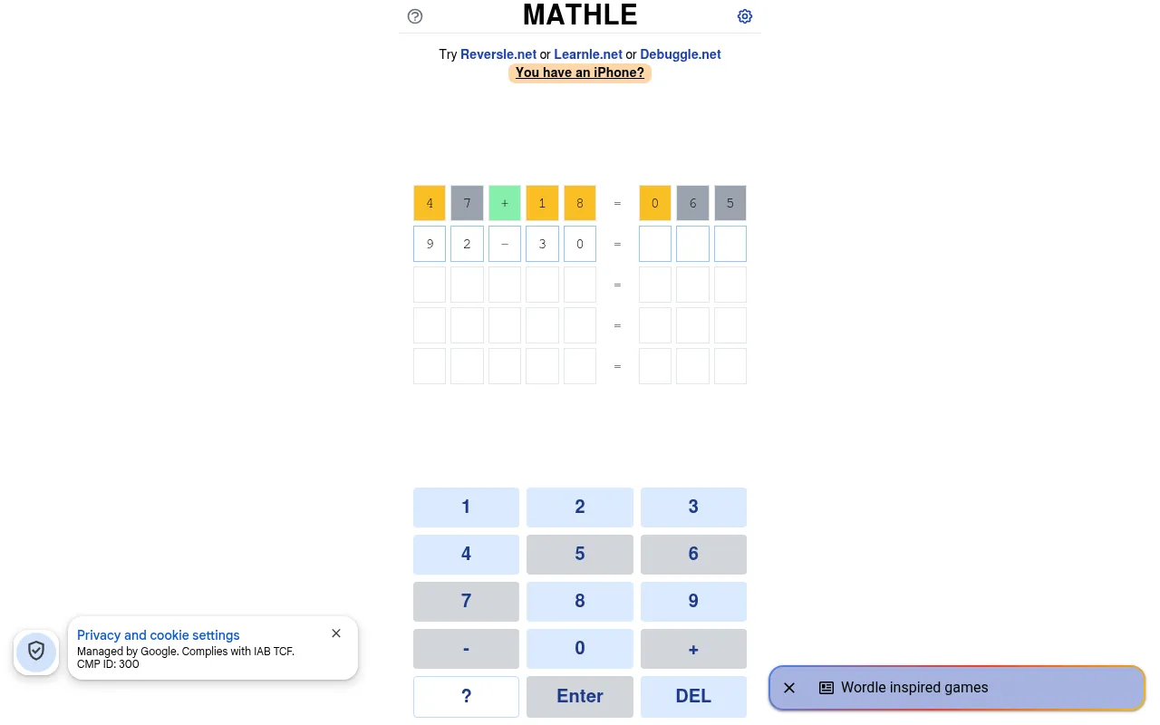 Today's Mathle board on a desktop: a first guess 47 + 18 = 065 coloured yellow, grey and green above the keypad