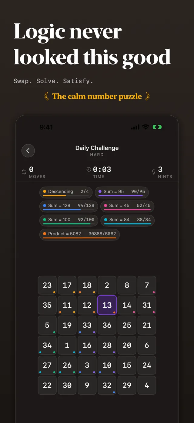 Mathlip's Hard daily challenge: a 6x6 grid of numbers under sum, product and descending constraint chips