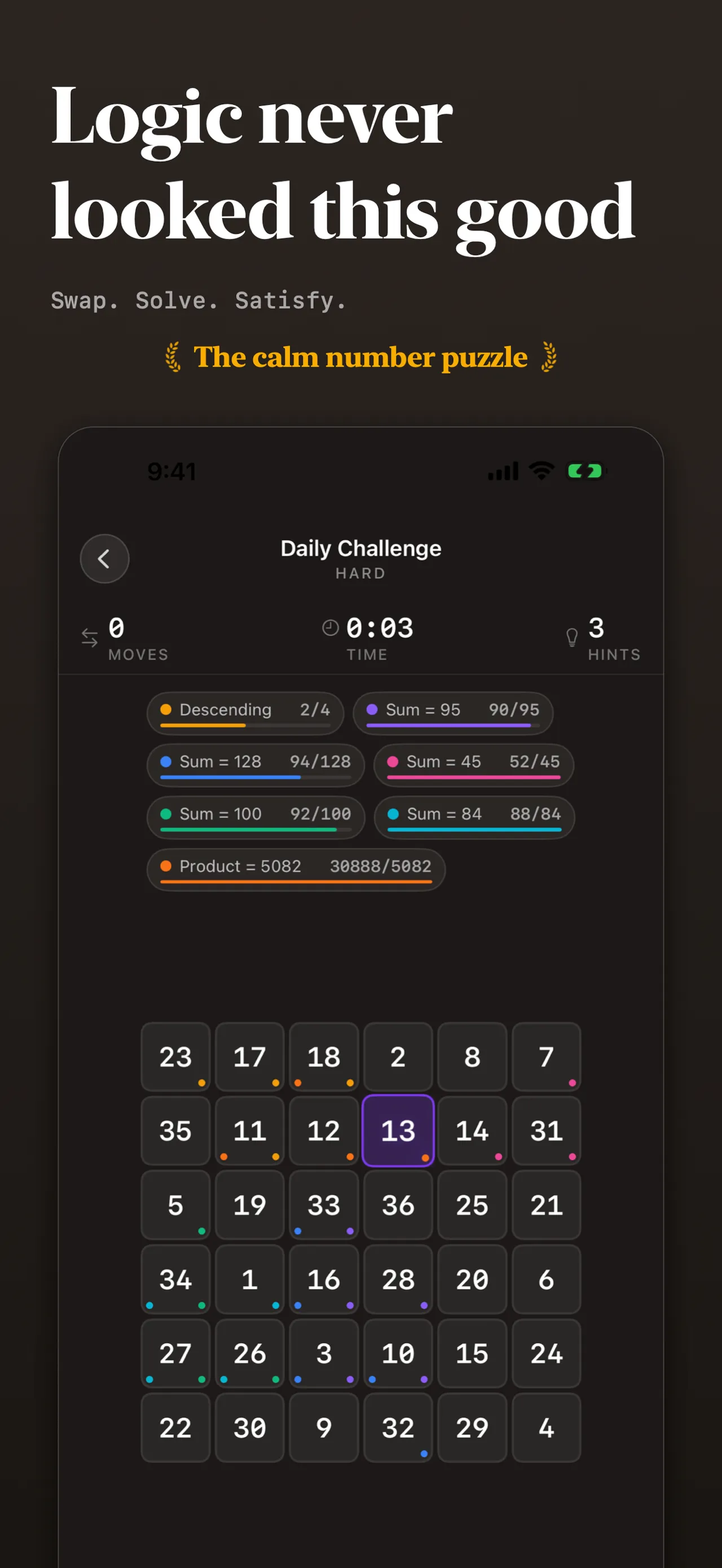 Mathlip's Hard daily challenge: a 6x6 grid of numbers under sum, product and descending constraint chips