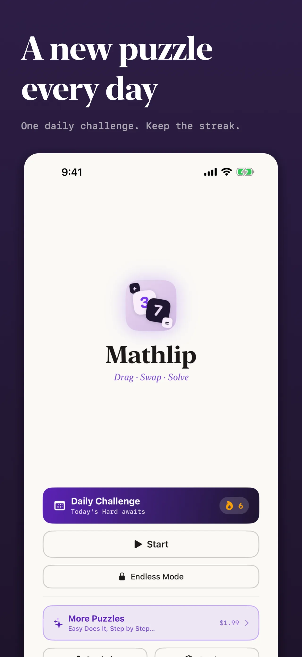 Mathlip's home screen with the Daily Challenge button and a six-day streak