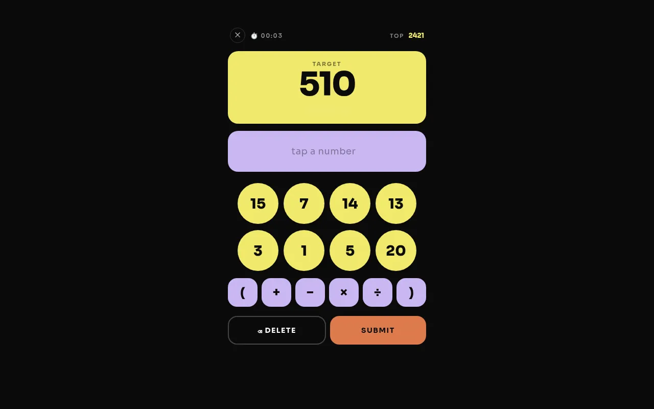 The Mathness Daily of 20 October 2026 on desktop: target 510, eight number tiles (15, 7, 14, 13, 3, 1, 5, 20), bracket and operator keys, Delete and Submit