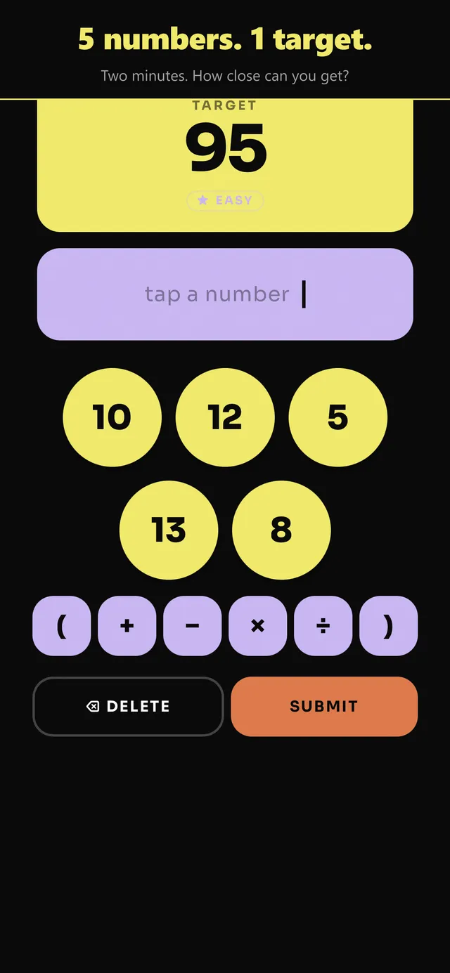 A Mathness puzzle in the app: target 95 (easy), five number tiles 10, 12, 5, 13 and 8, operator buttons and Submit