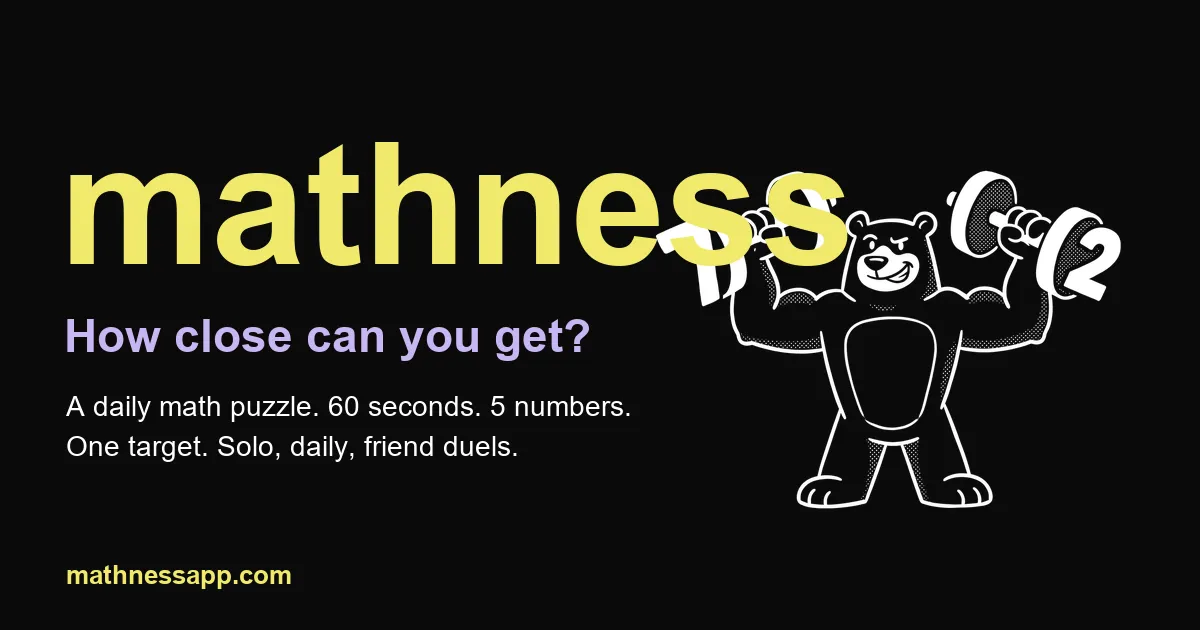 The Mathness logo card: the name, How close can you get?, and a cartoon bear lifting a dumbbell