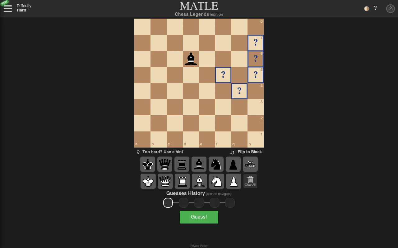 Matle's daily board for 30 October 2026, on Hard: a black bishop on d6 with five question-mark squares on f5, g4, h5, h6 and h7, the piece palette, five empty guess slots and a Guess button