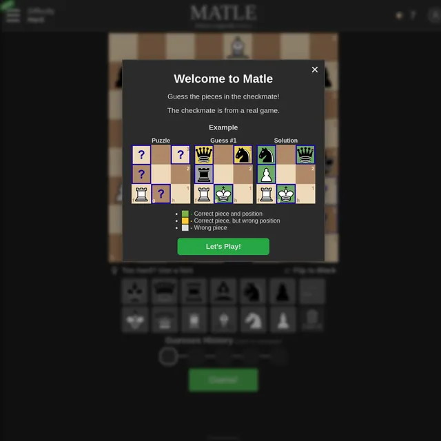Matle welcome box explaining the rules with an example puzzle, guess and solution, over the chess board and piece palette