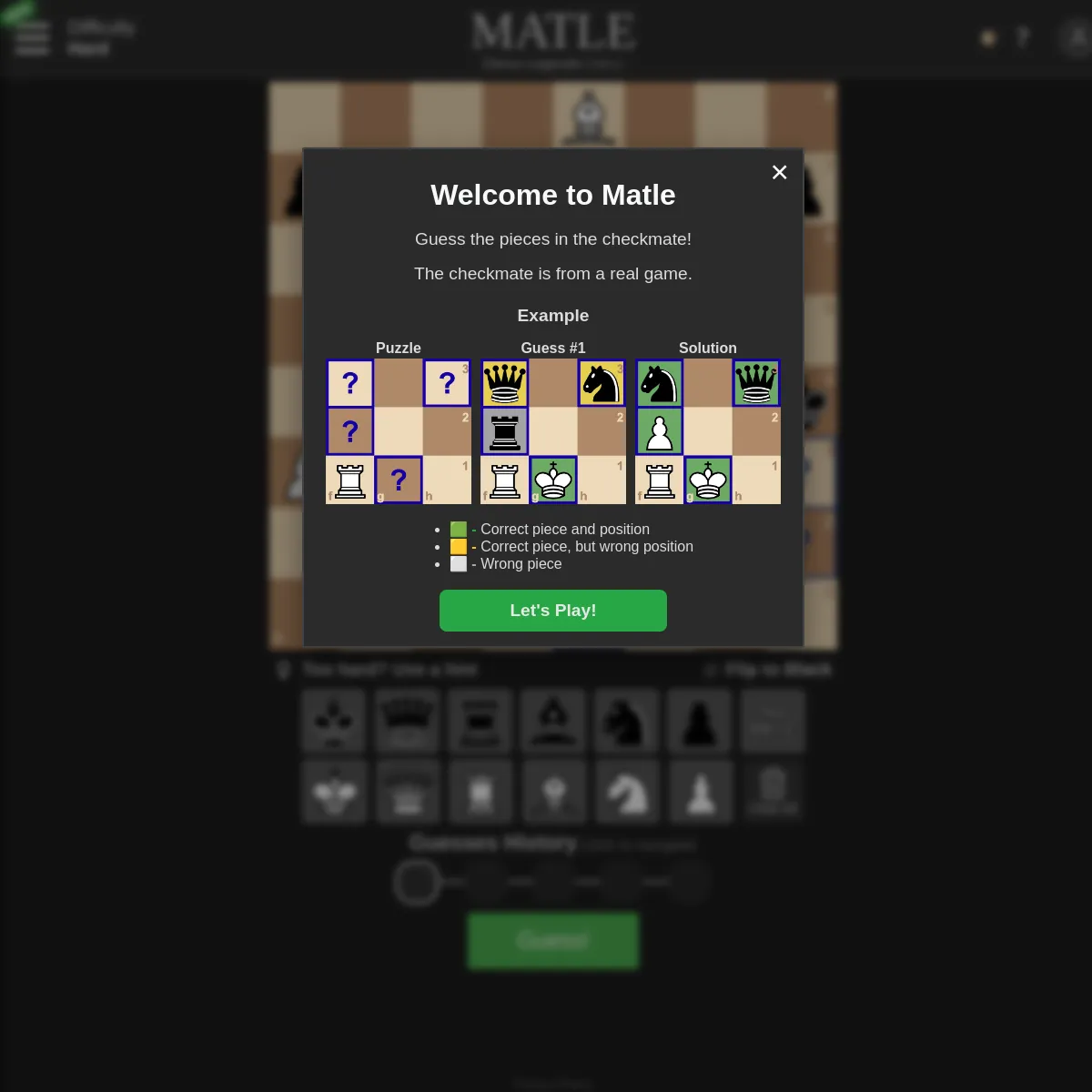 Matle welcome box explaining the rules with an example puzzle, guess and solution, over the chess board and piece palette