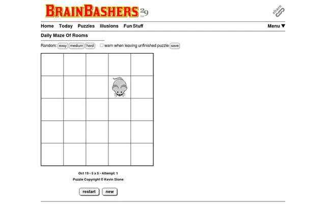 Today's board: BrainBashers Maze Of Rooms for 19 October, 5x5, empty rooms with a grey mouse in one, above the attempt counter and restart and new buttons