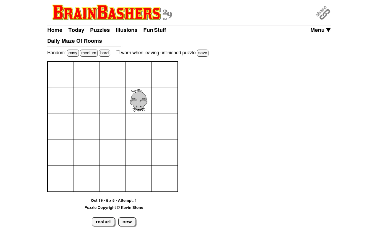 Today's board: BrainBashers Maze Of Rooms for 19 October, 5x5, empty rooms with a grey mouse in one, above the attempt counter and restart and new buttons