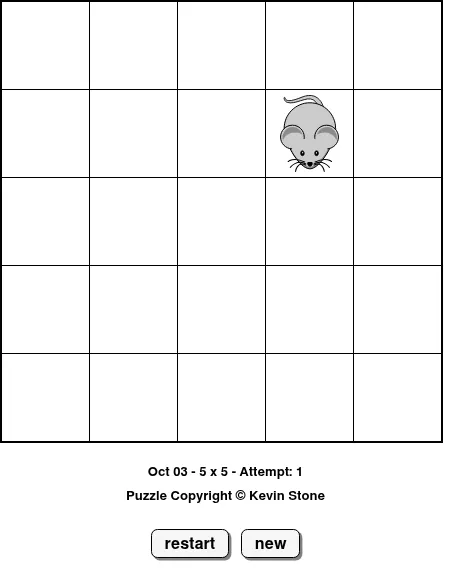 BrainBashers Maze Of Rooms for 3 October, 5x5: a grid of empty rooms with a grey cartoon mouse in one, above an attempt counter and restart button