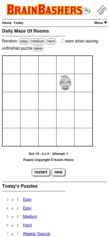 Maze Of Rooms at phone size: the 5x5 grid with its mouse fits the screen, with today's list of sizes below