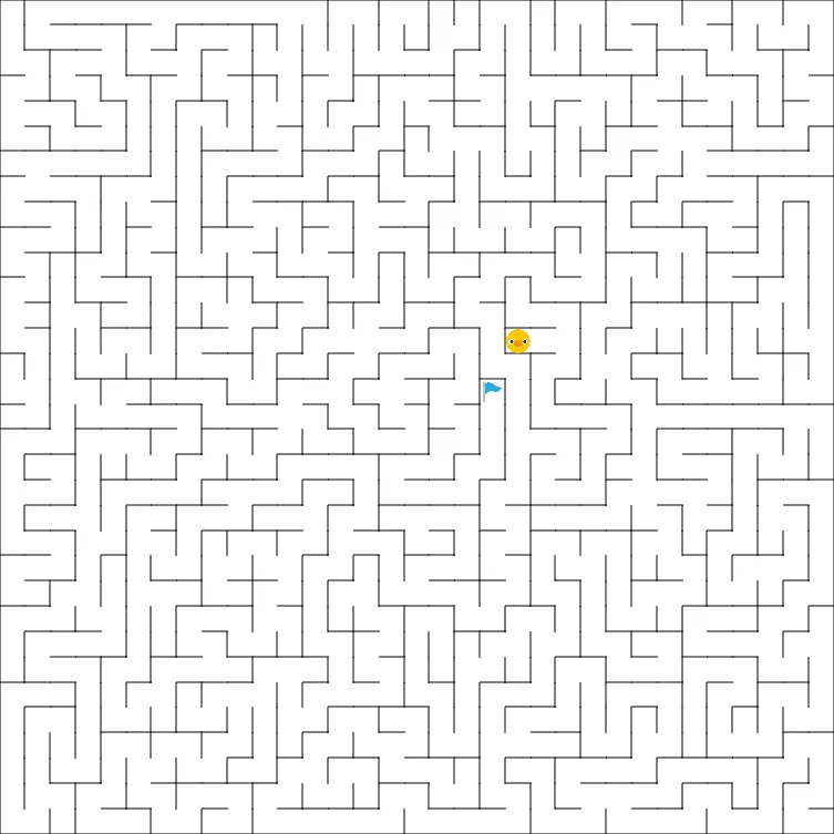 An example maze from PuzzleMadness's rules, a large square maze with a yellow avatar and the blue goal flag