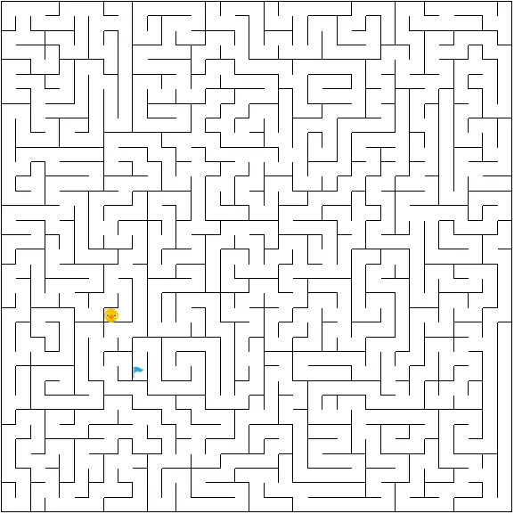 Today's medium Maze on PuzzleMadness, a square maze with the yellow avatar and the blue flag it must reach