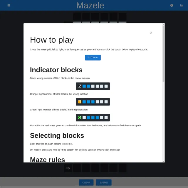 Mazele with its How to play panel open over the grid, explaining the black, orange and green indicator blocks
