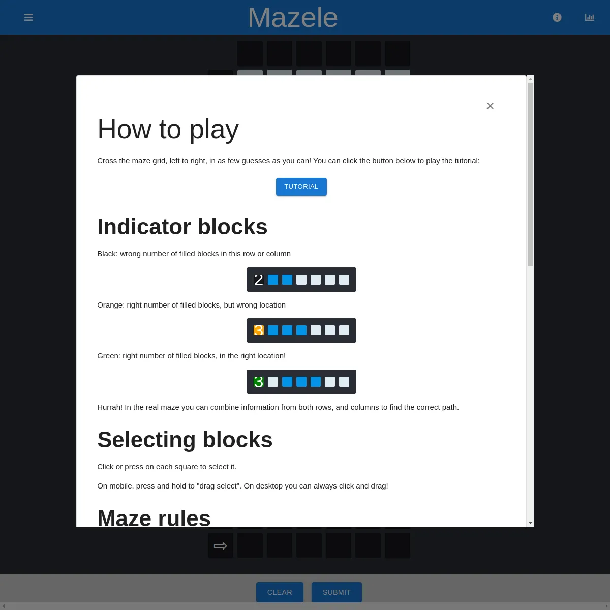 Mazele with its How to play panel open over the grid, explaining the black, orange and green indicator blocks
