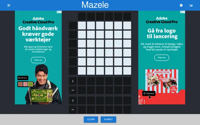 Mazele's daily board: an empty 6x6 grid with black indicator cells on its edges and rows of arrow-marked guess rows below, with Clear and Submit buttons; display ads at both sides