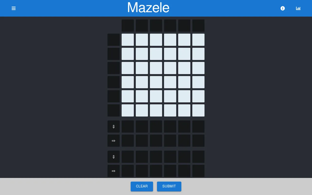 Mazele's empty 6x6 daily grid before the first guess, with black indicator blocks on its edges, empty guess rows below and Clear and Submit buttons