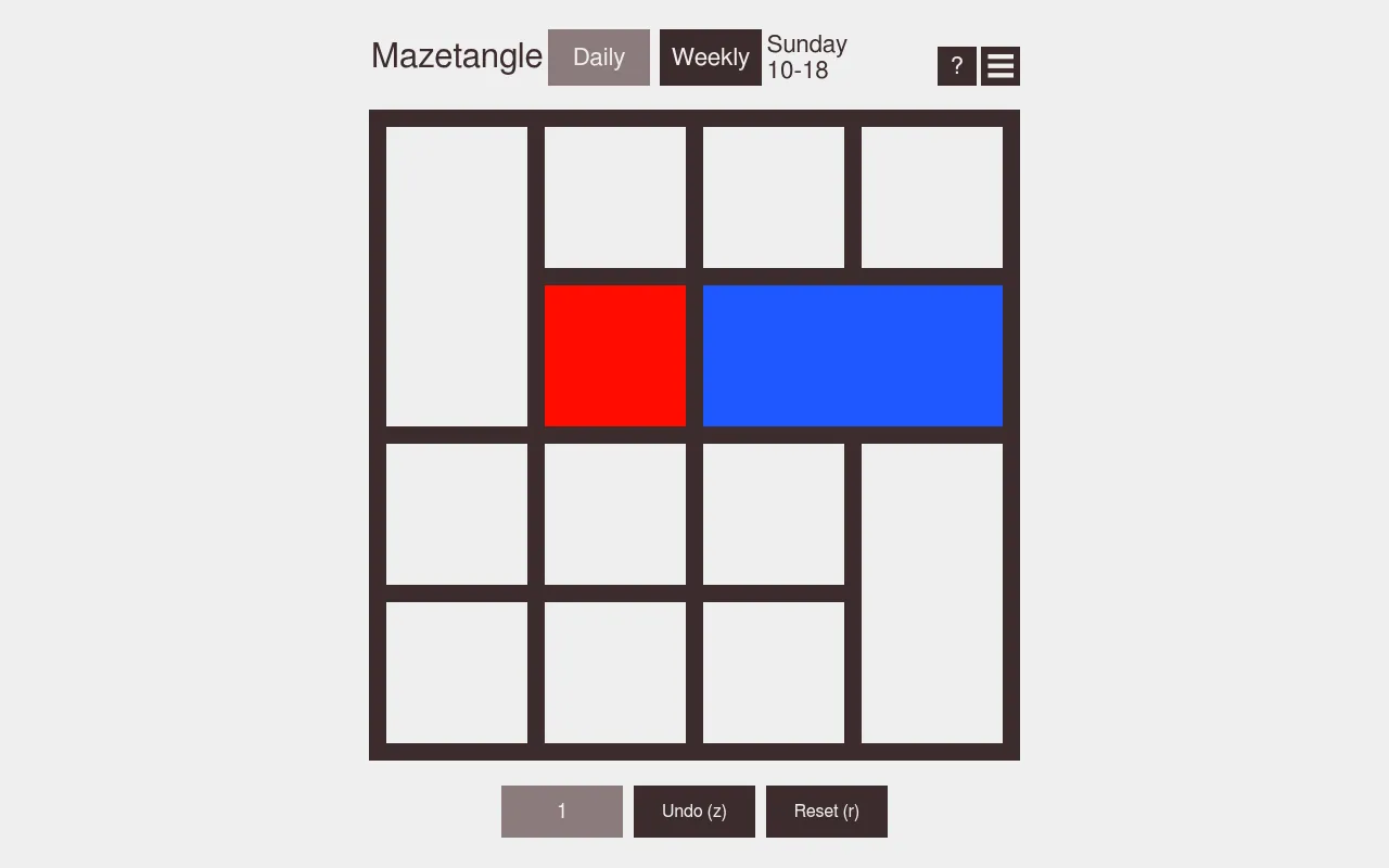Mazetangle's Daily maze for 18 October 2026 at desktop size: a square of white rectangles with the red start tile beside a wide blue goal tile, with Undo and Reset below
