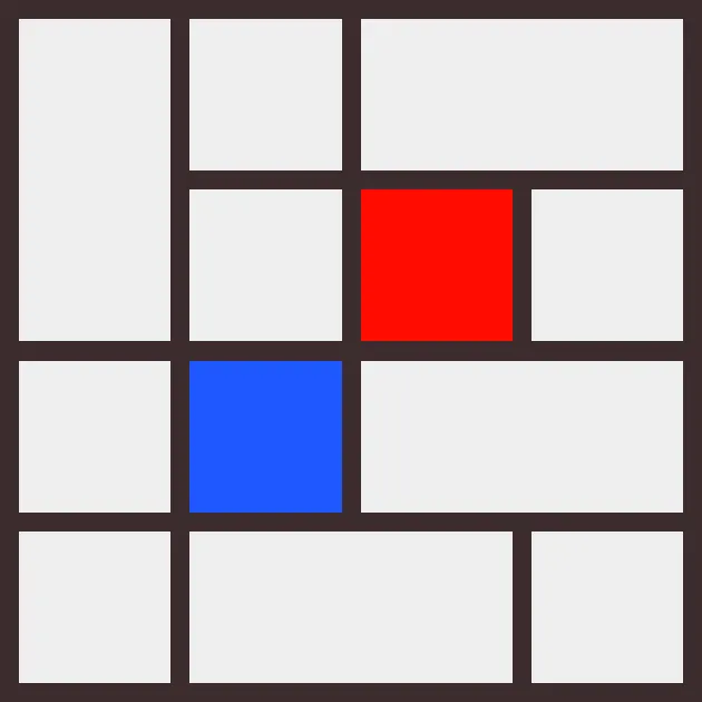 A Mazetangle board: a square divided into grey rectangles with a red start tile and a blue goal tile