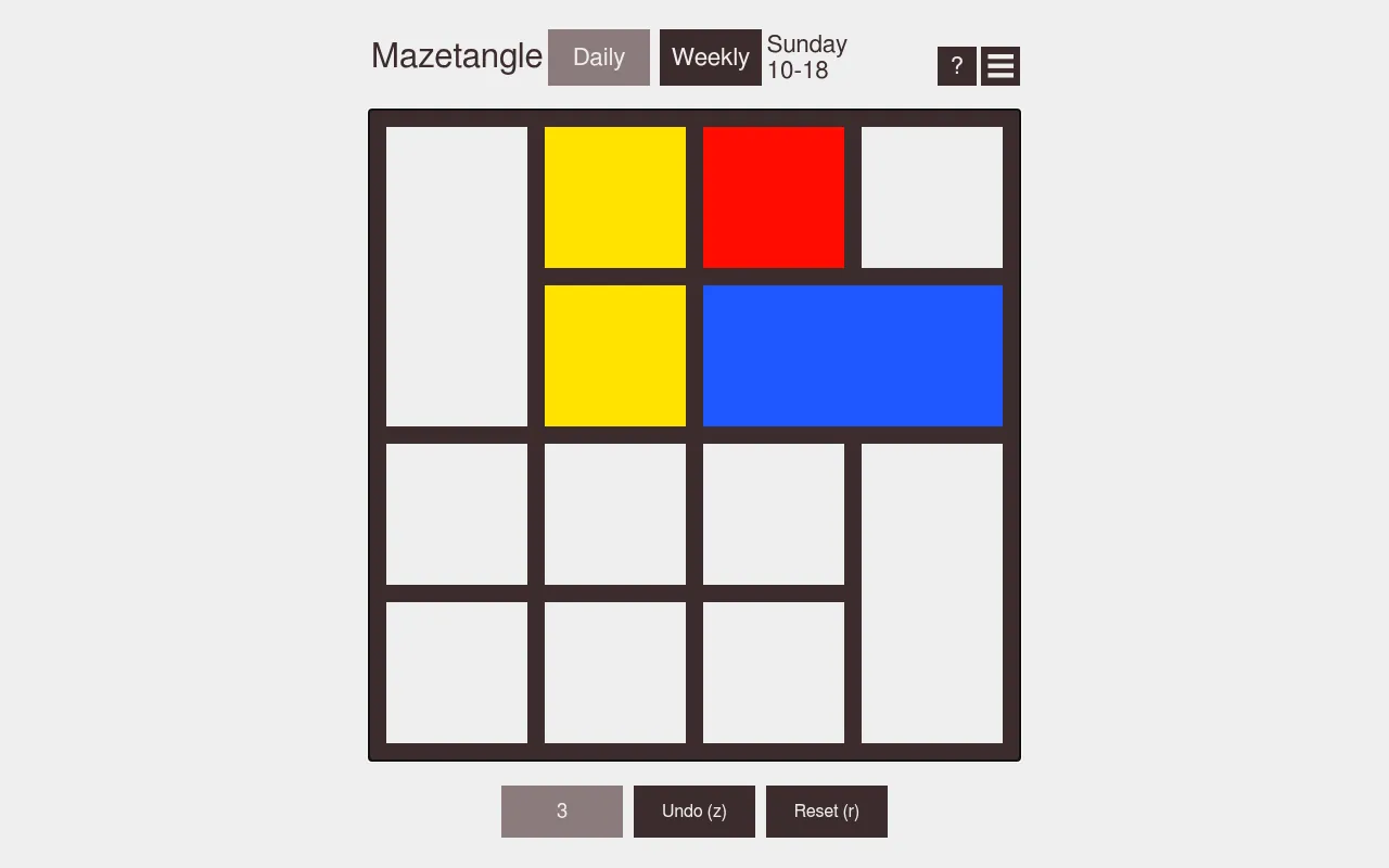 The same Mazetangle Daily maze after two moves: the red tile has stepped up and right, its trail shown in yellow, and the step counter reads 3