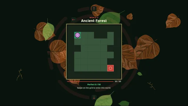 A Mazlide level in World 2, Ancient Forest: a green grid with a purple start hexagon and a red goal square, framed by autumn leaves