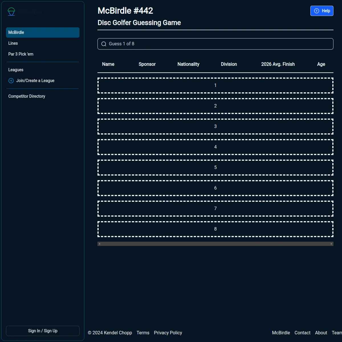 McBirdle #442 Disc Golfer Guessing Game: a Guess 1 of 8 search box and a results table with columns for Name, Sponsor, Nationality, Division, 2026 Avg. Finish and Age, with eight empty numbered guess
