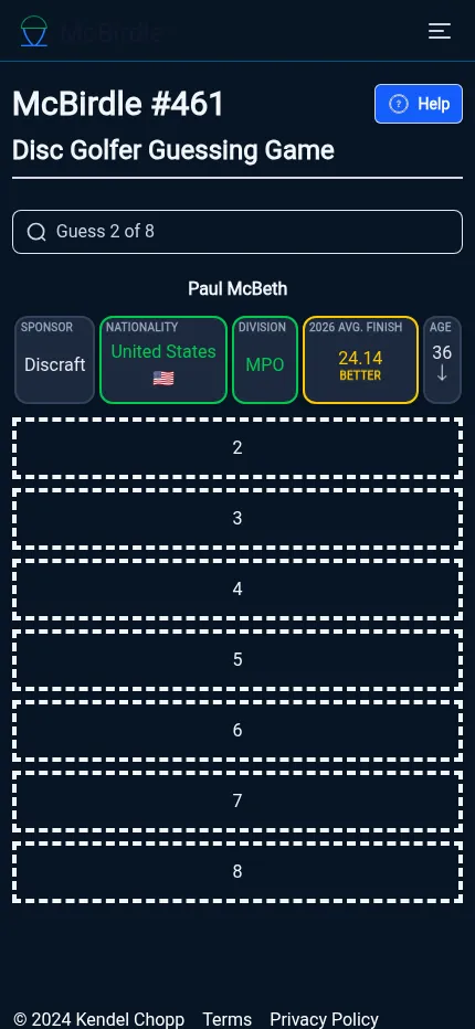 McBirdle #461 at phone size after one guess, Paul McBeth, with sponsor, nationality, division, average finish and age cells above seven empty guess rows