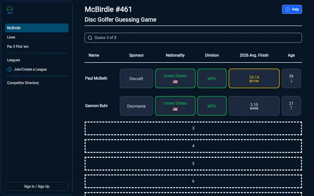 McBirdle #461 on desktop after two guesses: Paul McBeth and Gannon Buhr rows with green United States and MPO cells, a yellow average finish, age arrows, and empty rows 3 to 8