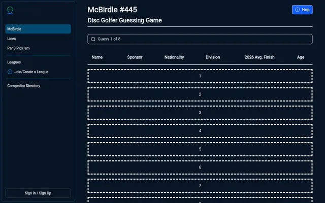 McBirdle #445 Disc Golfer Guessing Game: a Guess 1 of 8 search box above a results table with columns for Name, Sponsor, Nationality, Division, 2026 Avg. Finish and Age, and eight empty numbered guess
