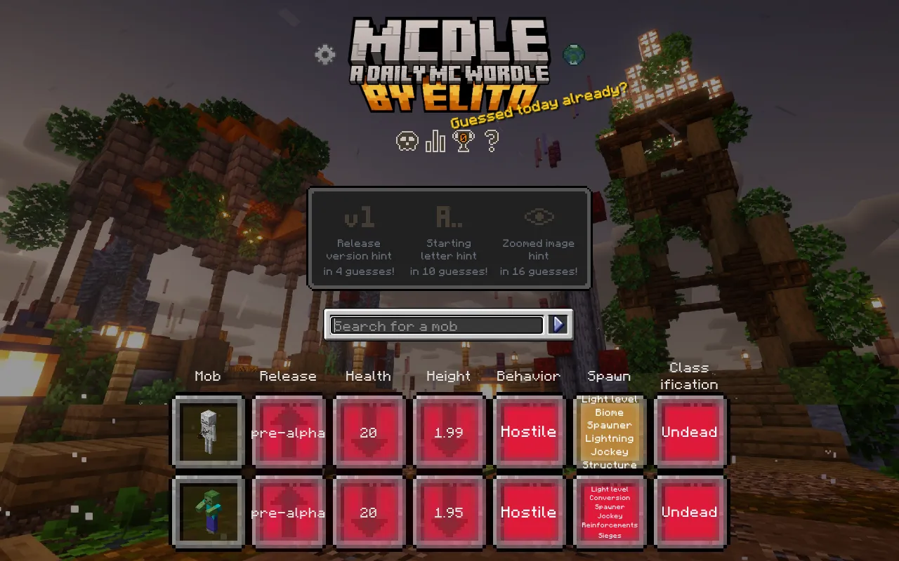MCdle's daily mob game with two guesses, Skeleton and Zombie, each scored in red, orange and green tiles for release, health, height, behaviour, spawn and class, under the hint panel
