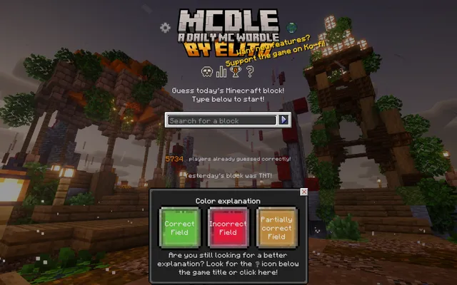 MCdle's daily block game: the Search for a block box over a Minecraft village backdrop, with the count of players who have guessed it and the colour key for correct, incorrect and partly correct field