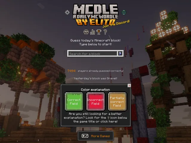 The MCdle daily block game: a box to search for a Minecraft block, the count of players who have solved it and the colour key for correct, incorrect and partly correct fields, over a Minecraft scene