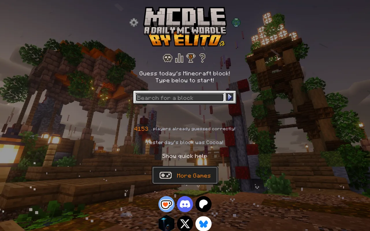MCdle's daily block game: the Search for a block box where each guess is typed, the count of players who found today's block, and yesterday's answer, over a Minecraft village