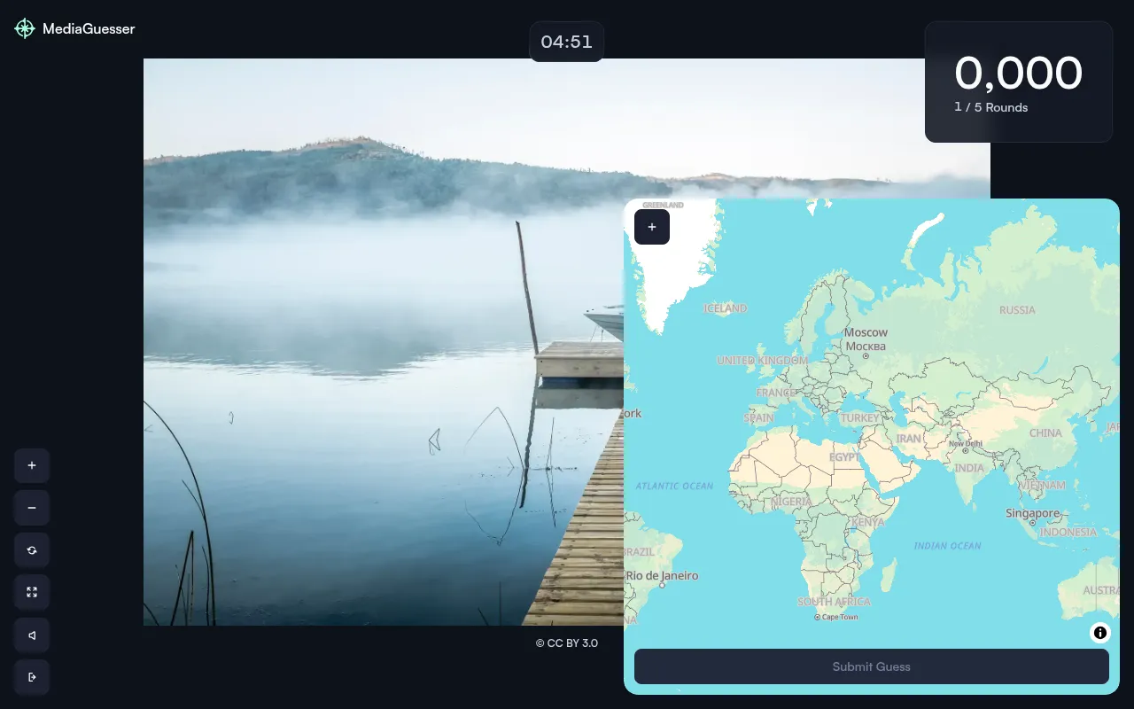 A MediaGuesser Human vs AI round: a misty lake with a wooden jetty, a world map to place the guess on, a round timer and the score for round 1 of 5