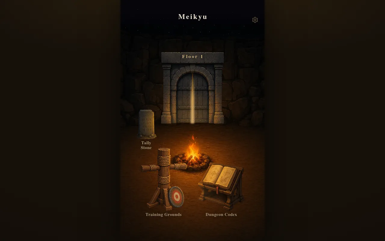 Meikyu's camp screen: a dungeon door marked Floor 1 above a campfire, with the Tally Stone, Training Grounds and Dungeon Codex around it