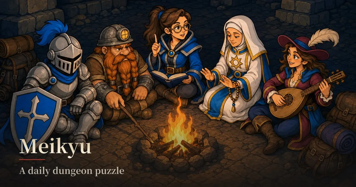 Meikyu cover art: a knight, a dwarf miner, a scholar, a nun and a bard sitting round a campfire in a stone dungeon, with the title Meikyu, a daily dungeon puzzle