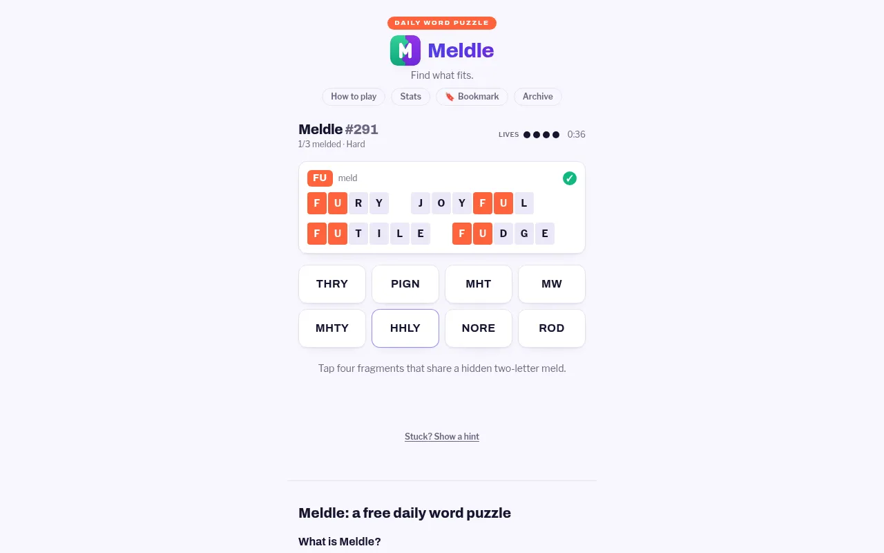 Meldle #291 with the FU meld found: FURY, JOYFUL, FUTILE and FUDGE spelled out above the eight fragments still to sort, with a timer
