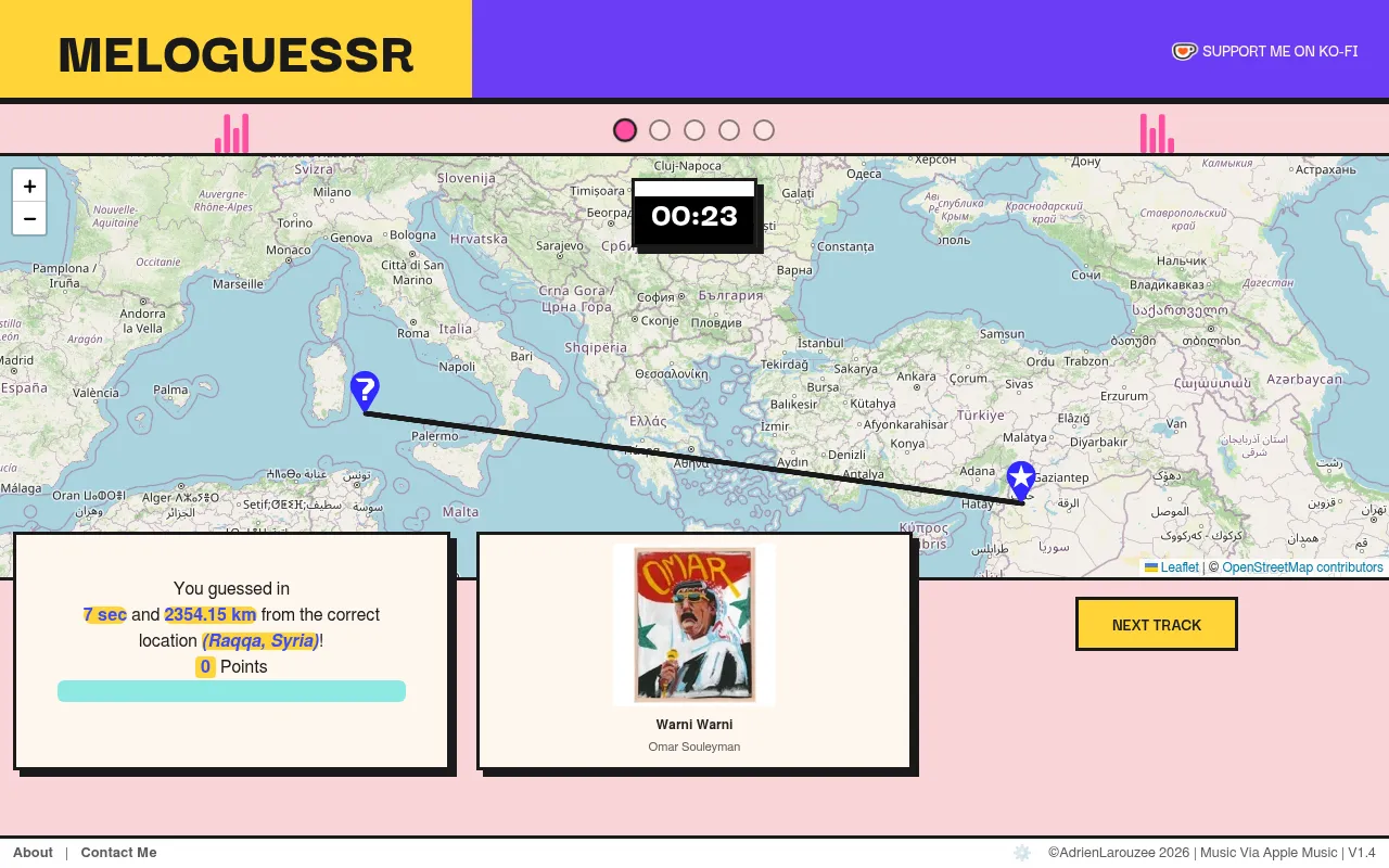 A MeloGuessr round result: a line from the player's pin to the artist's home in Raqqa, Syria, the distance and points, and the track Warni Warni by Omar Souleyman