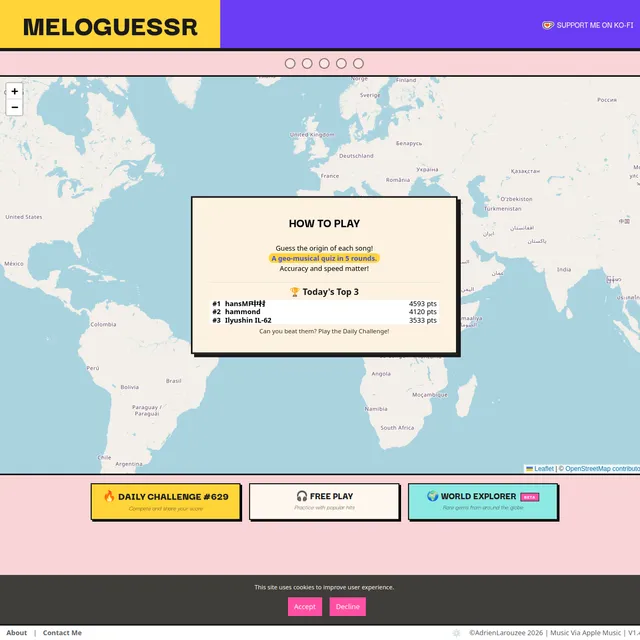 MeloGuessr home screen: a world map with a How To Play panel reading Guess the origin of each song, a geo-musical quiz in five rounds, a Todays Top 3 scoreboard, and buttons for Daily Challenge, Free