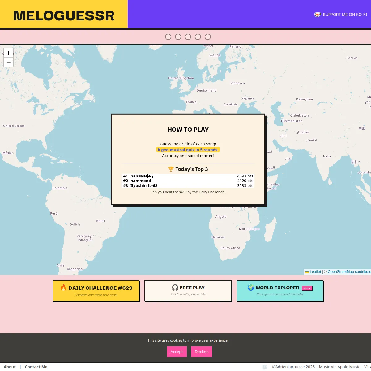 MeloGuessr home screen: a world map with a How To Play panel reading Guess the origin of each song, a geo-musical quiz in five rounds, a Todays Top 3 scoreboard, and buttons for Daily Challenge, Free