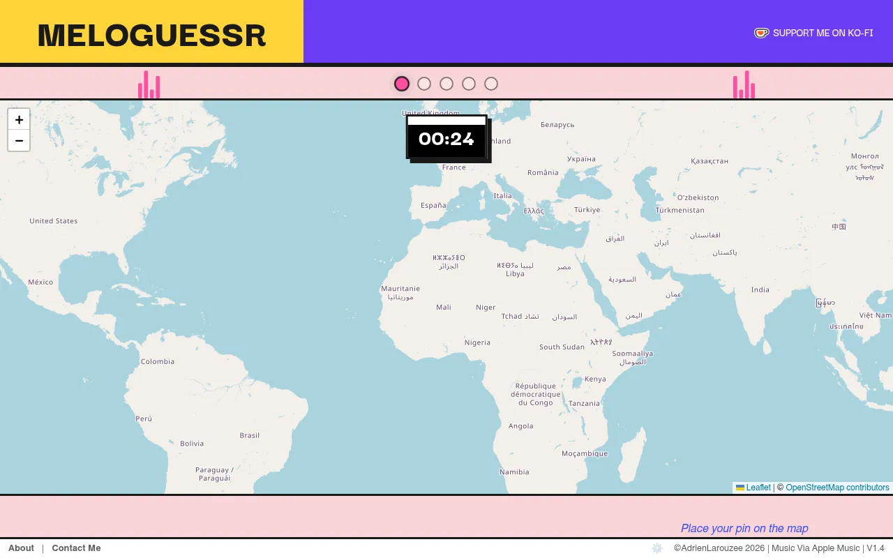 Today's MeloGuessr Daily Challenge on a desktop: a world map to pin while the song plays, a 30-second timer and five dots for the day's rounds