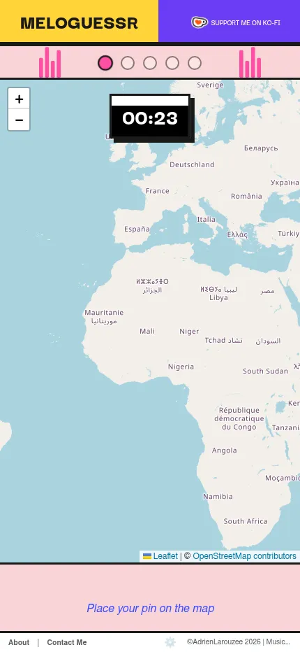 MeloGuessr's Daily Challenge at phone size: the world map fills the screen under the round dots and the countdown timer