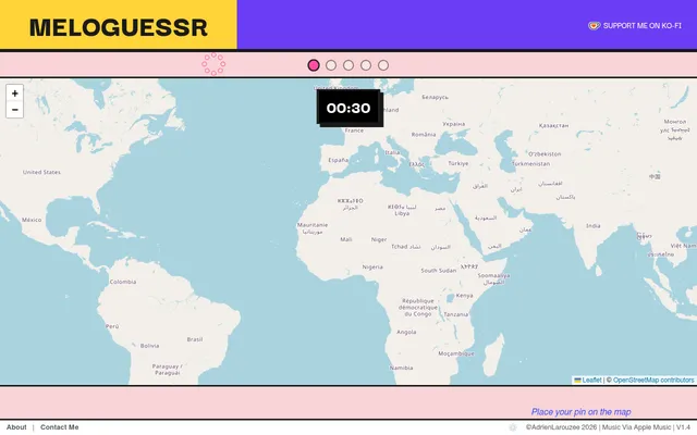 A MeloGuessr Daily Challenge round: a world map to place a pin on while a song plays, a 30-second timer and five dots for the day's five rounds