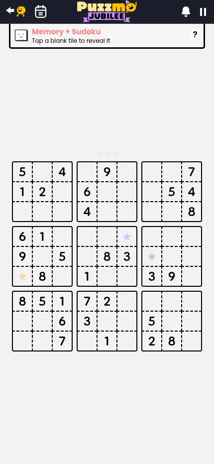 Memoku at phone size on 26 October 2026: the full sudoku grid with three star tiles, under the Memory + Sudoku instruction card