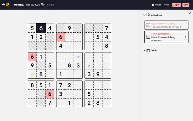The Memoku board for 26 October 2026 on puzzmo.com: a 9 by 9 sudoku grid with one tile turned to 6, its other 6s marked pink and the cells its pair cannot be in shaded