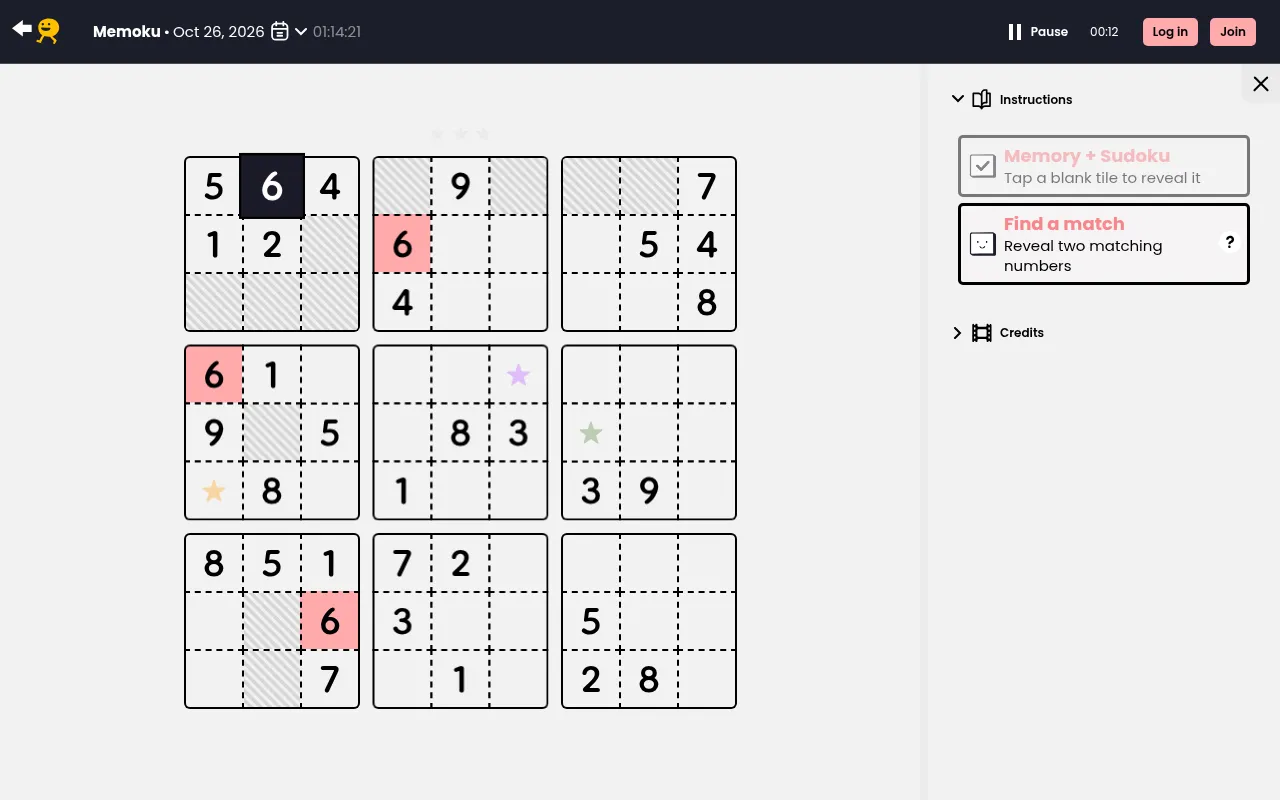 The Memoku board for 26 October 2026 on puzzmo.com: a 9 by 9 sudoku grid with one tile turned to 6, its other 6s marked pink and the cells its pair cannot be in shaded